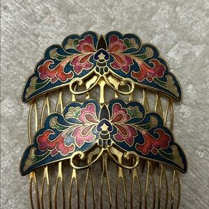 Vintage 70s Cloisonné Gold Tone Hair Combs (2) with Colorful Butterfly Design